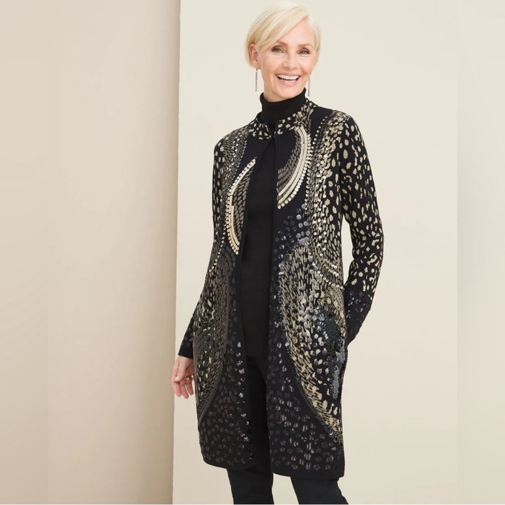 Chicos Stunning Black with Silver and Gold Sequin Sweater Jacket. Size 0 (Sm)